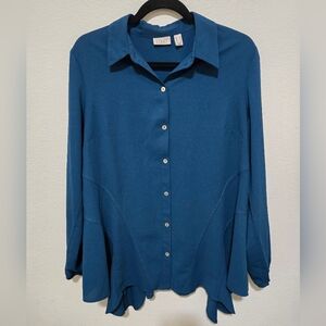 LOGO Lori Goldstein Teal Blue Button Up Shirt Long Sleeves Elastic Cuffs Small